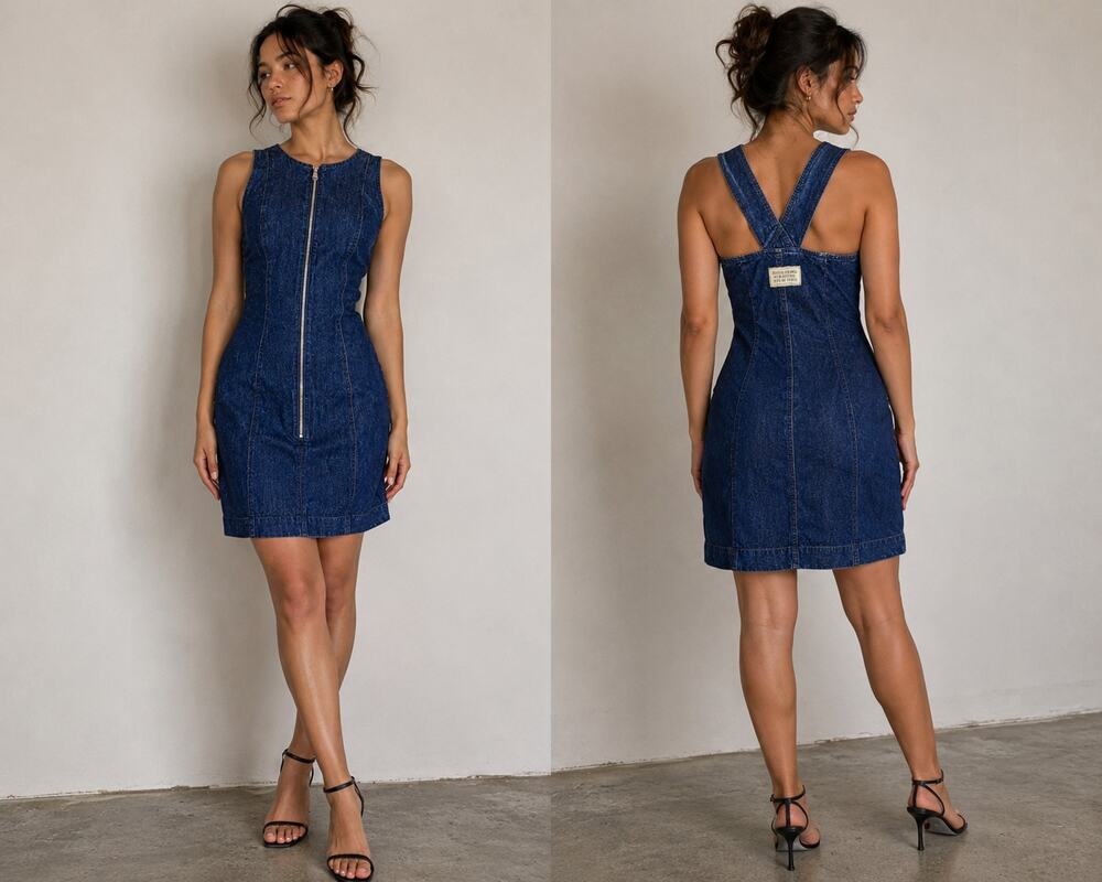 Vintage 90s Benetton Denim Mini Dress Womens XS Zip Front Cross Back Indie Y2K